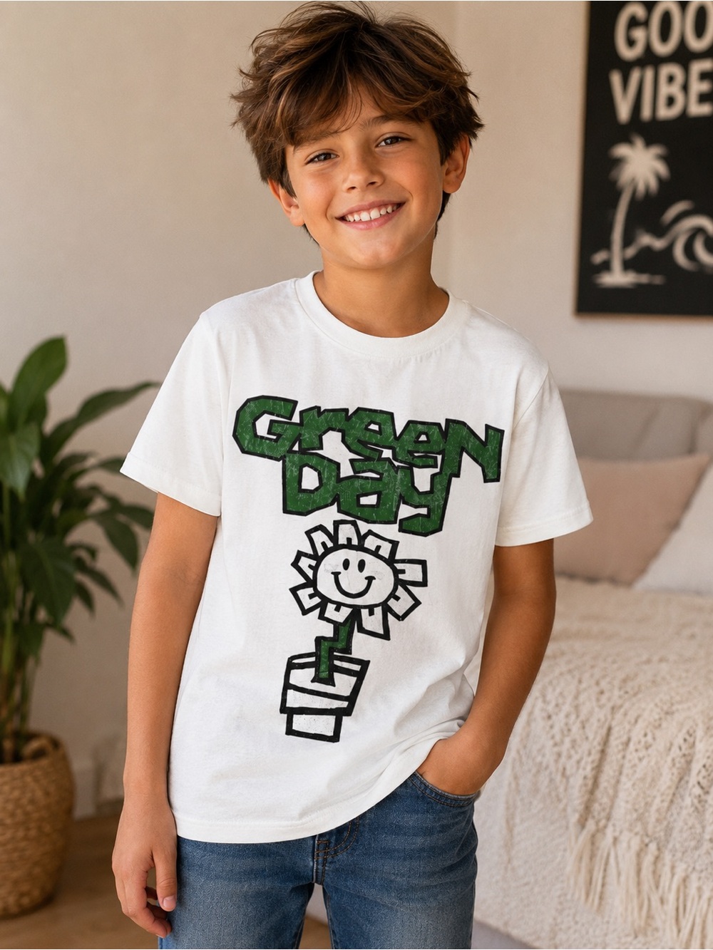 Kids Graphic Tee — Green Day White with Green Print Unisex